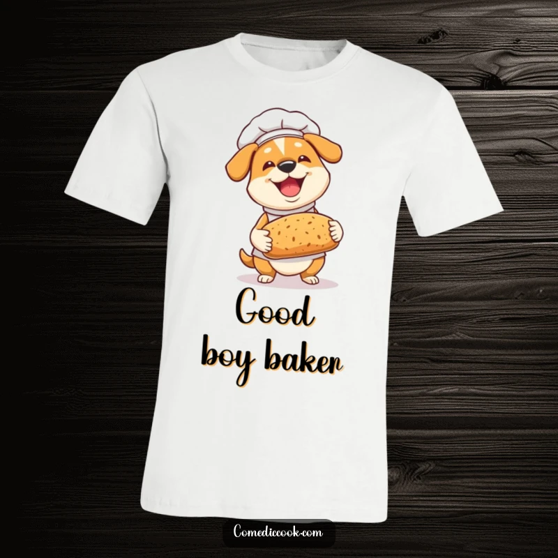 Funny Dog Chef T-Shirt: A joyful dog chef proudly holds a freshly baked bread loaf, a delightful and funny apparel choice.