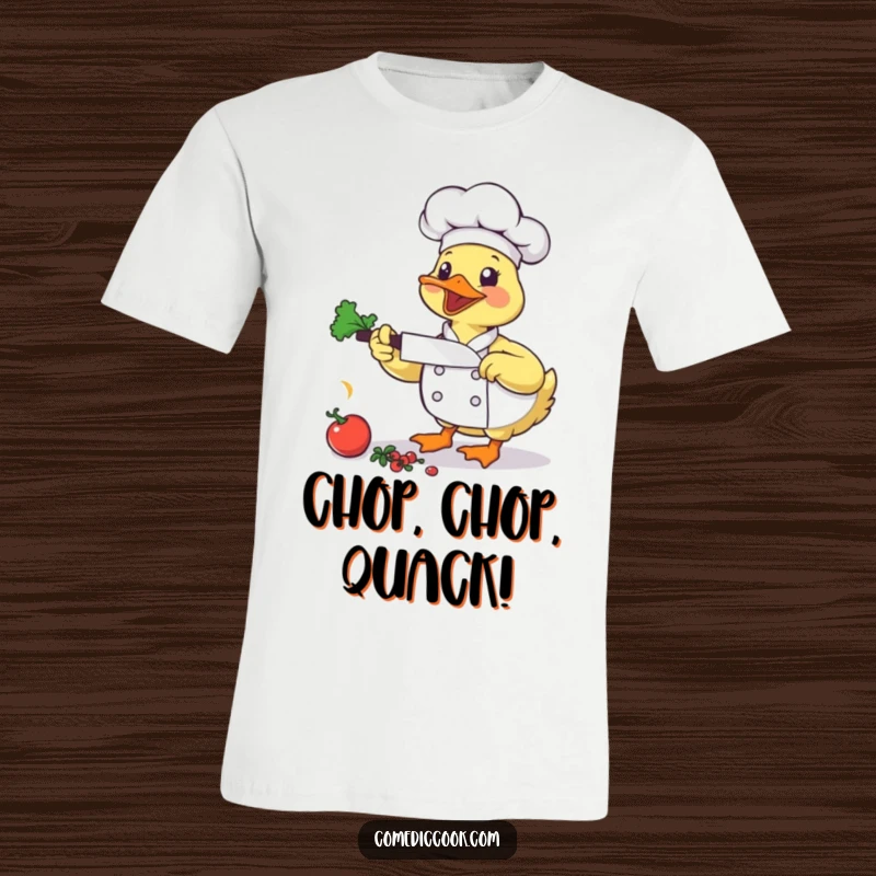Funny Duck Chef T-Shirt: A bouncing duck chef enthusiastically chops vegetables, a humorous and energetic apparel choice.