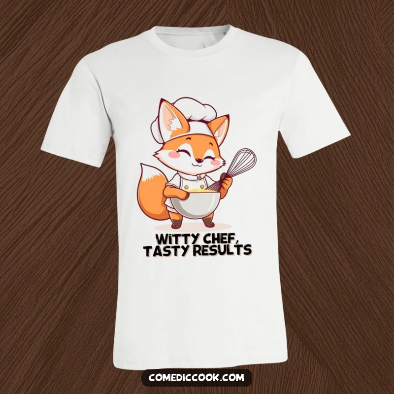 Funny Fox Chef T-Shirt featuring a winking fox in a chef hat whisking a bowl, radiating cleverness.