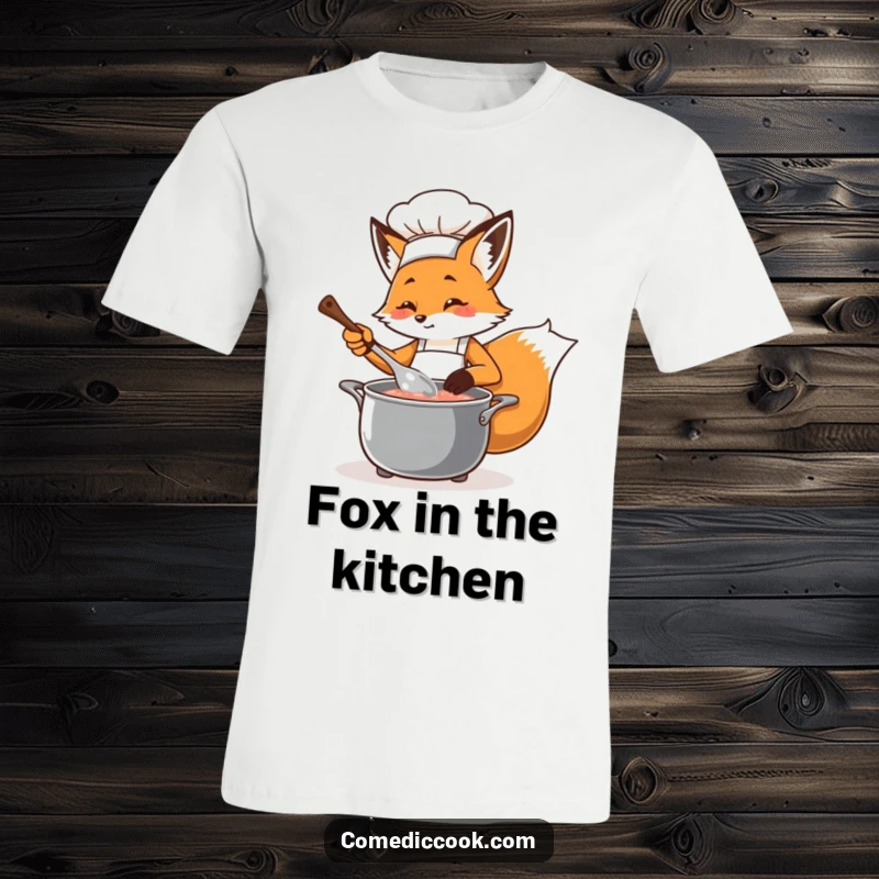 Funny determined fox chef in an apron, stirring a bubbling pot with a ladle, showcasing culinary focus and a playful demeanor.
