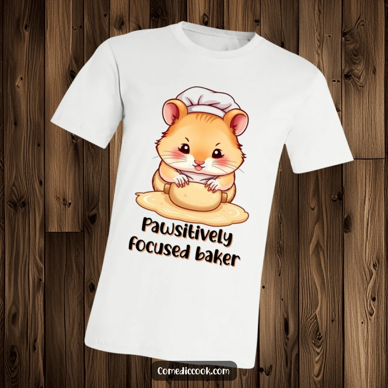 Funny hamster chef t-shirt, a focused character rolling dough with tiny paws, celebrating baking passion and miniature culinary efforts.