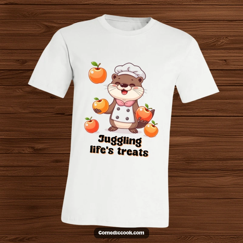 Funny happy otter chef grinning while juggling three shiny apples on a comfortable graphic tee.