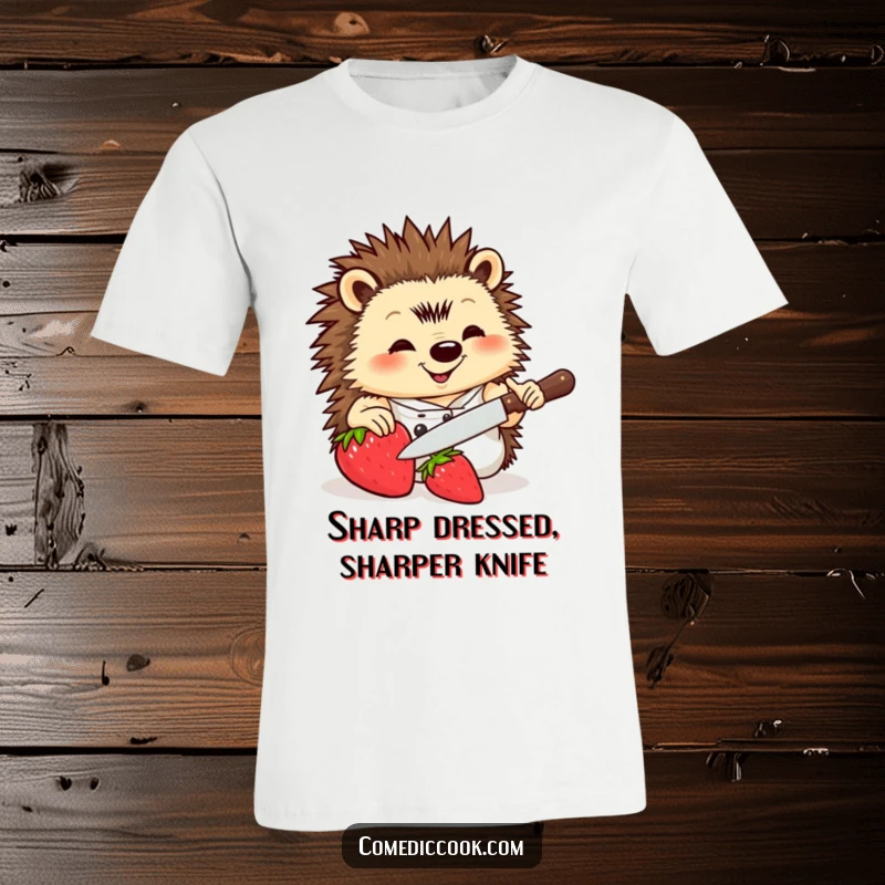 Funny Hedgehog Chef T-shirt showing a happy hedgehog chef expertly slicing a strawberry with a small knife, perfect for food enthusiasts.