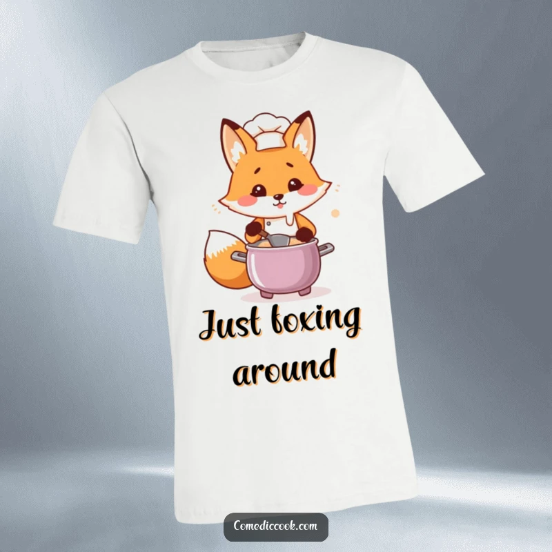 Funny Kawaii fox chef t-shirt, flustered fox stirring a steaming pot with a ladle, vibrant and humorous design for cooking lovers.