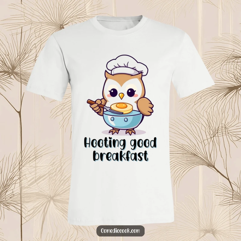 Funny Kawaii owl chef t-shirt featuring a cute character flipping a tiny pancake with skill.