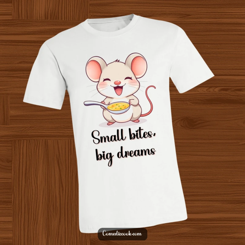Funny mouse t-shirt depicting a delighted mouse offering a tiny spoon of soup, designed for food enthusiasts.