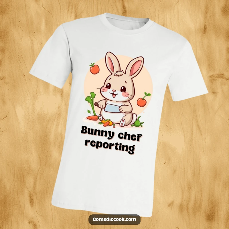 Funny Rabbit Chef T-Shirt: A cute rabbit in chef attire skillfully chopping vegetables, a humorous and stylish top for cooking fans.