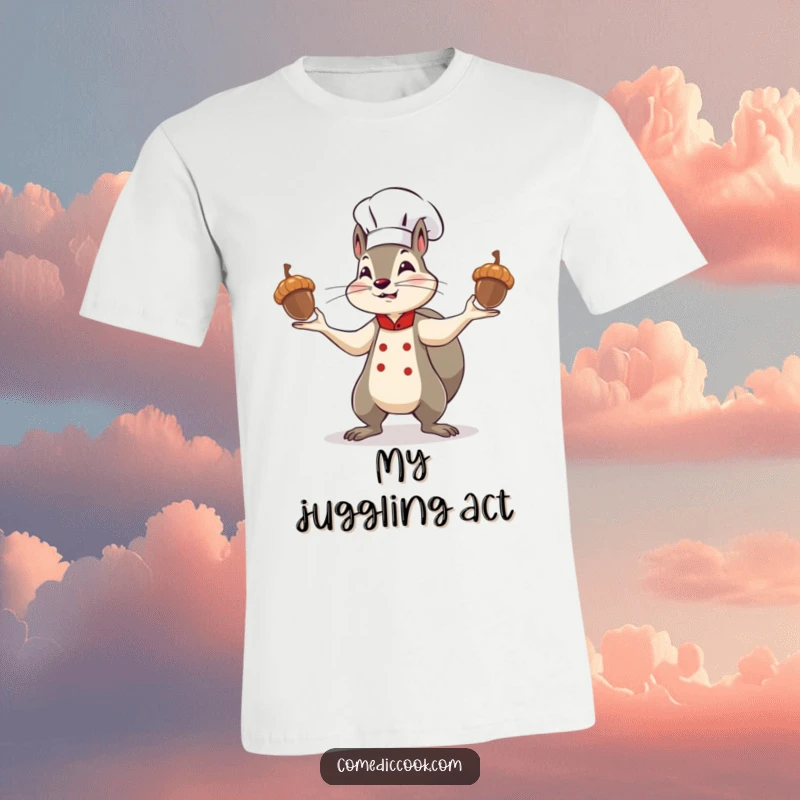 Funny squirrel chef t-shirt, a determined character juggling acorns with impressive skill, celebrating multitasking and nutty kitchen humor.