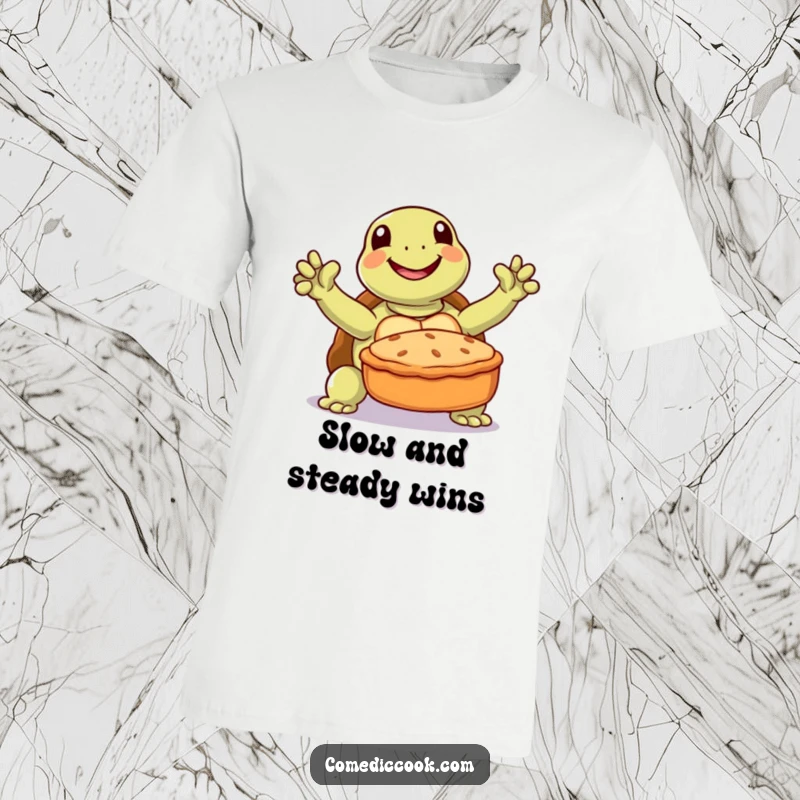 Funny turtle t-shirt depicting a joyful turtle triumphantly presenting a baked pie, designed for patient bakers.