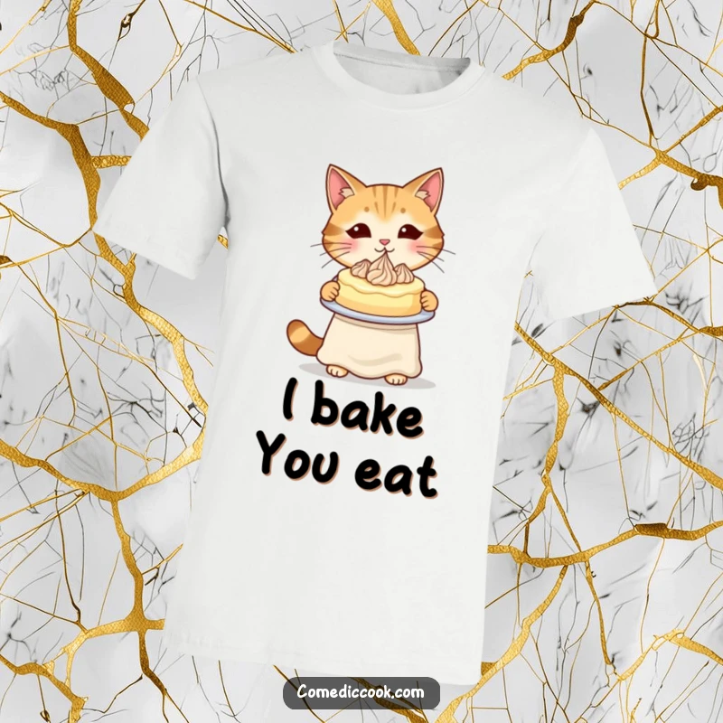 Funny Cat Baker T-Shirt featuring a cat in an apron showcasing a perfectly piped cake, radiating pride.