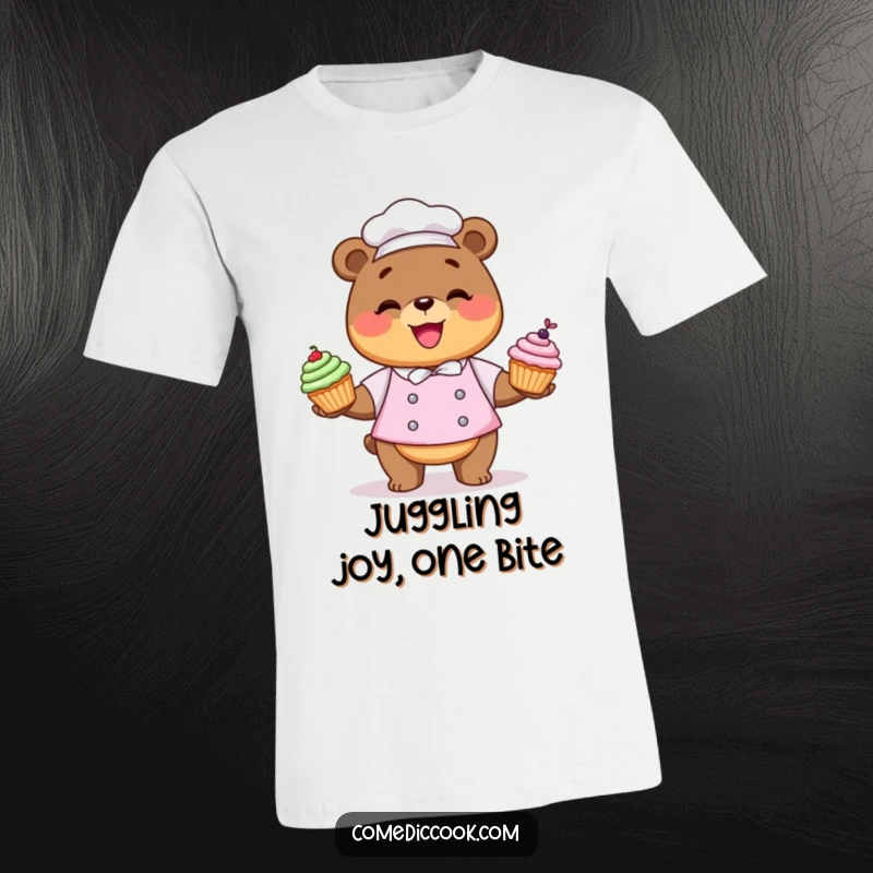 Funny Kawaii bear chef t-shirt featuring a cute character juggling three colorful cupcakes with glee.