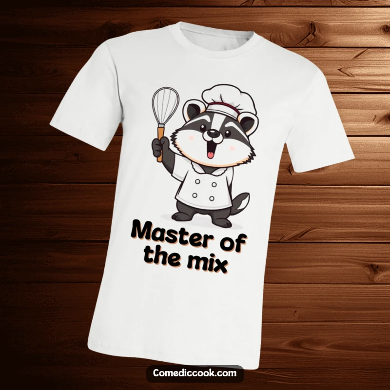 Funny Kawaii badger chef t-shirt, showing a proud badger holding a whisk aloft. Distinguished baker apparel and a great funny gift.