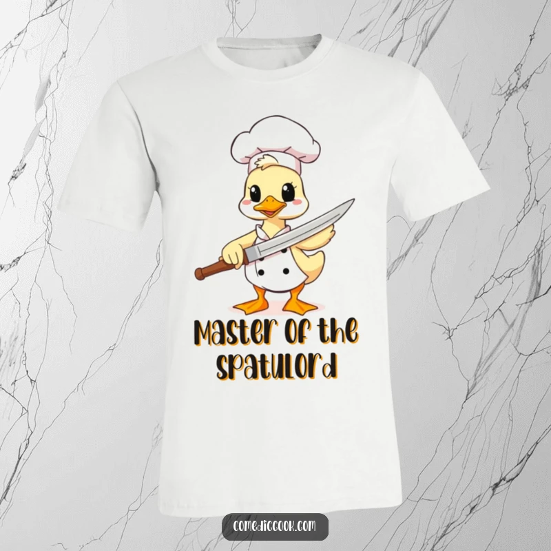 Funny duck chef t-shirt, a comical character wielding a spatula as a sword, representing playful kitchen battles and witty apparel.