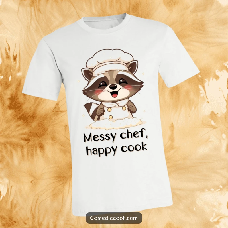 Funny Raccoon Chef T-Shirt: A cute raccoon chef dusted with flour, caught mid-giggle after a baking adventure.