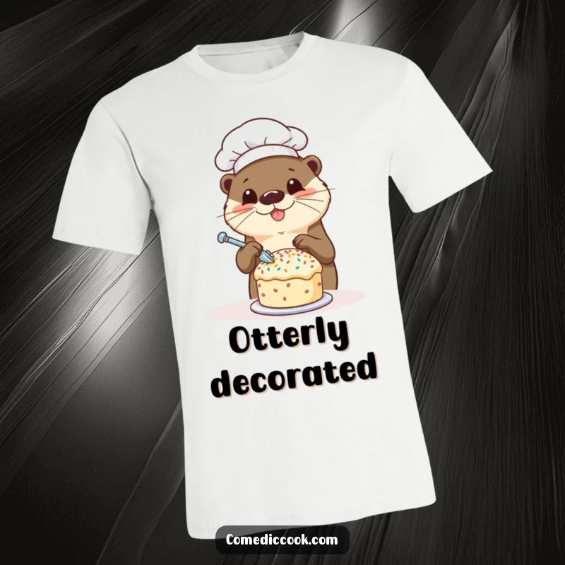 Funny otter chef t-shirt with a happy otter decorating a tiny cake with sprinkles, ideal for bakers and those who love humorous apparel.