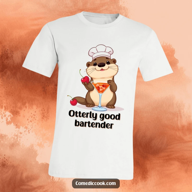 Funny Otter Chef T-Shirt: A playful otter chef tosses a cherry into a cocktail, a humorous and stylish apparel choice.
