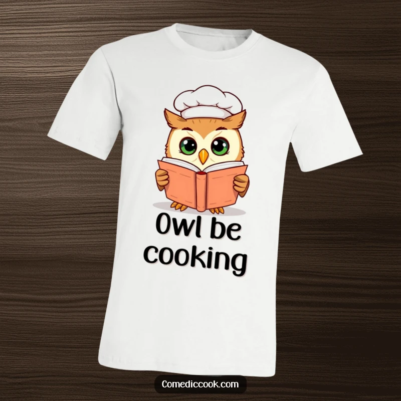 Funny curious owl chef peering into a cookbook with wide, intrigued eyes, symbolizing a deep dive into culinary arts.