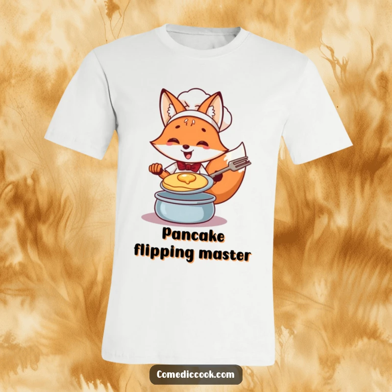 Funny Fox Chef T-Shirt: Cheerful fox with a flourish, expertly flipping a pancake, a humorous and stylish apparel.