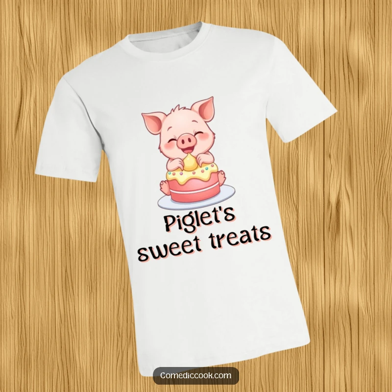 Funny t-shirt of a happy piglet smiling while frosting a tiny cake, perfect for dessert lovers.
