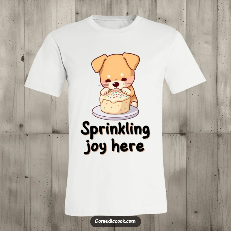 Funny t-shirt depicting a dog meticulously decorating a small cake with sprinkles, highlighting a love for baking and detailed artistry.