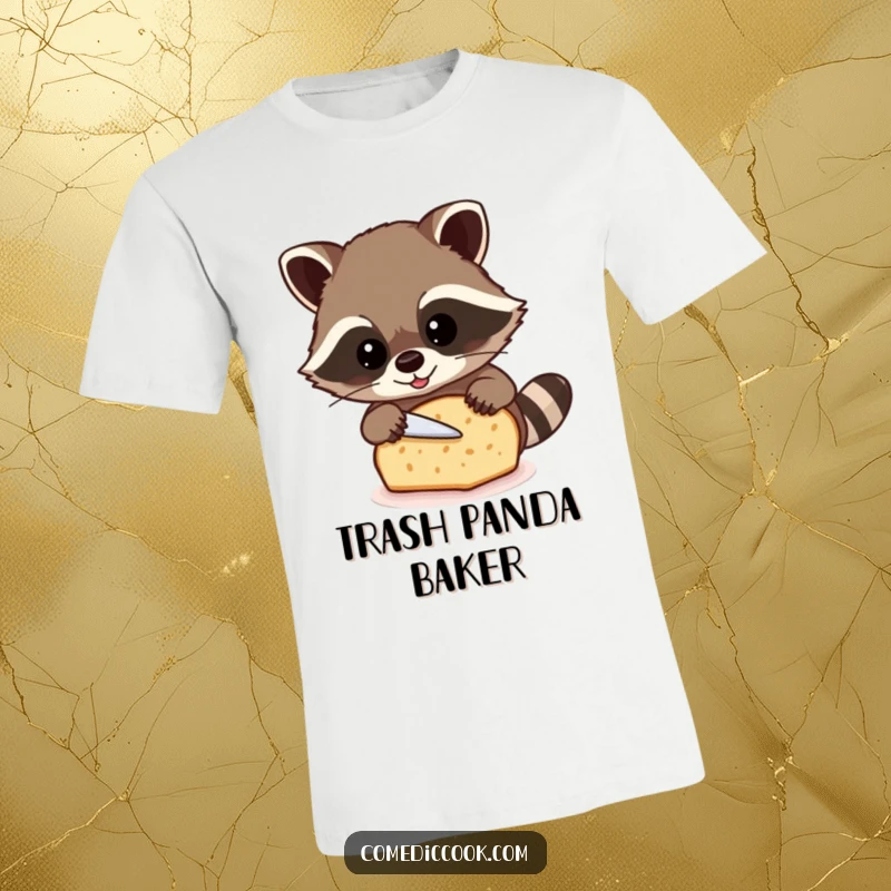 Funny raccoon t-shirt depicting a beaming raccoon carefully slicing a loaf of bread, designed for baking lovers.