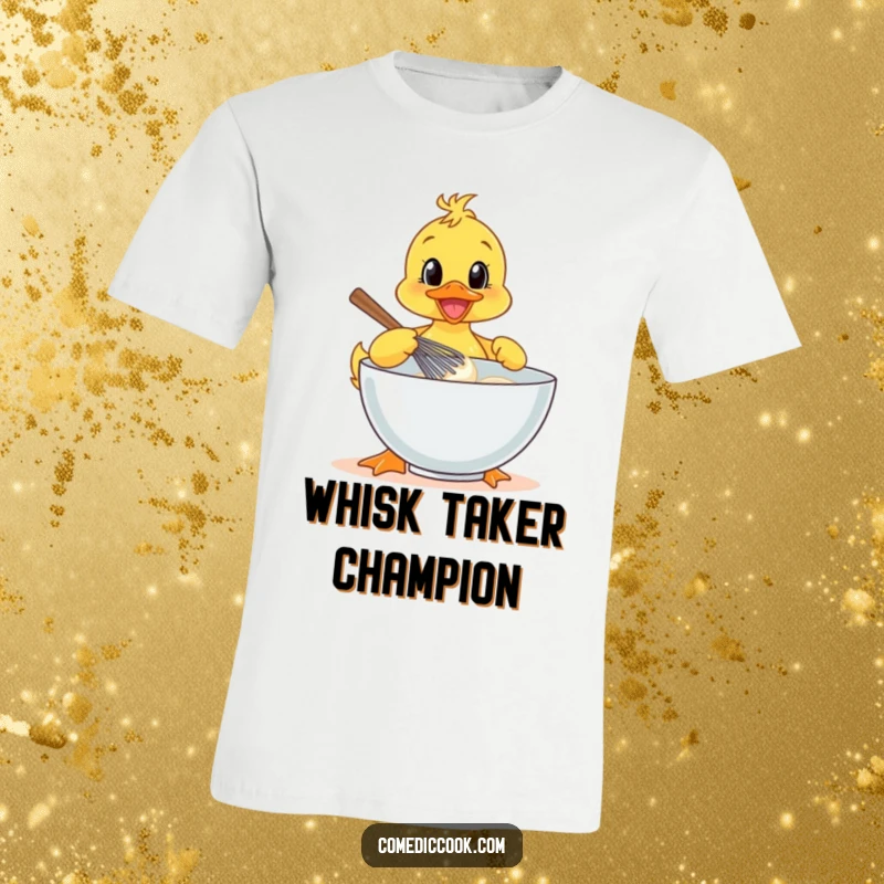 Funny cheerful duckling in a chef hat, enthusiastically whisking batter in a bowl on a t-shirt.