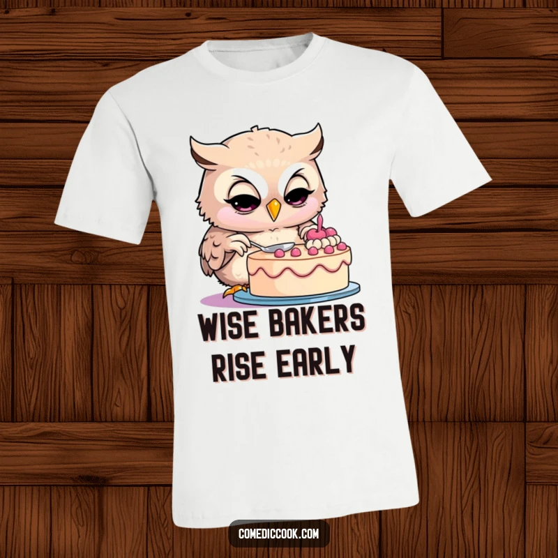 Funny owl t-shirt with a smiling owl baker intently decorating a cake, designed for bakers and humor enthusiasts.