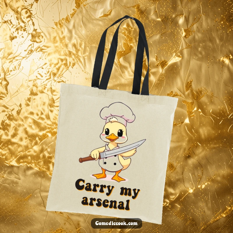 Funny duck chef tote bag, a comical character wielding a spatula like a sword, great for shopping and carrying items with a heroic, humorous theme.