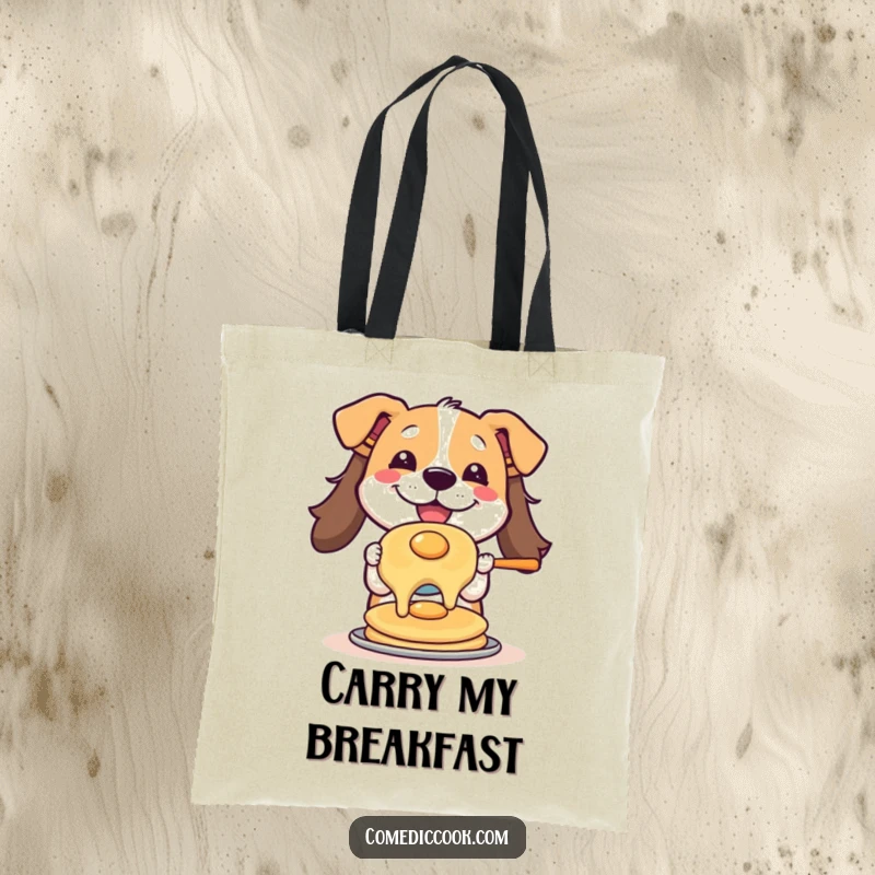 Funny tote bag showcasing a joyful dog expertly flipping a pancake, practical for shopping and adding a humorous touch to daily life.