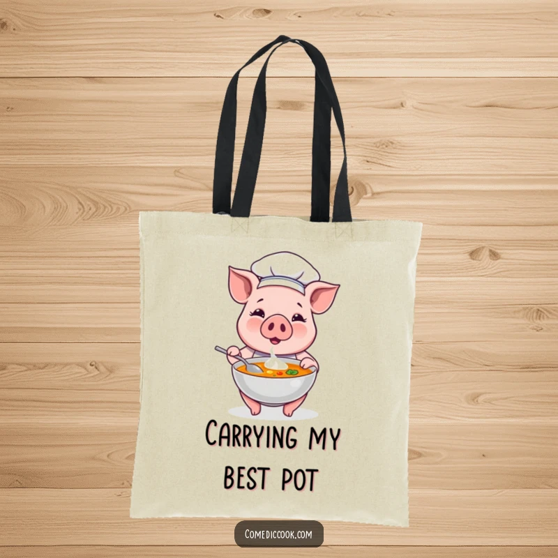 Funny pig chef with a steaming bowl of soup on a durable tote bag, perfect for market trips and carrying essentials humorously.
