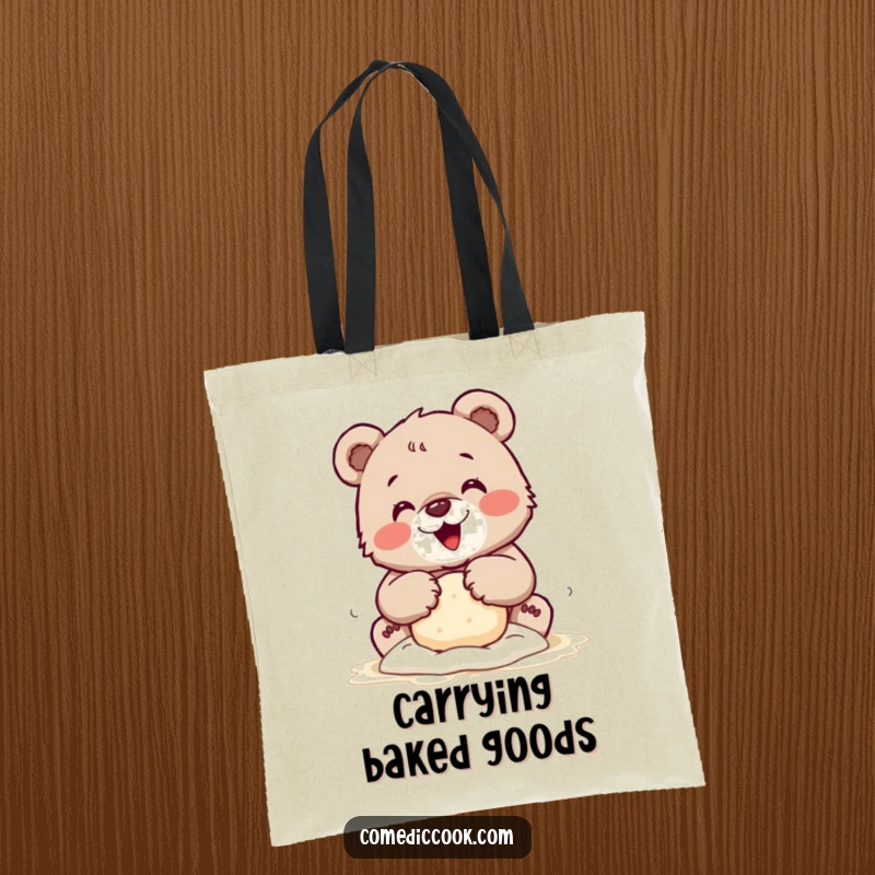 Funny tote bag with a tiny bear cub kneading dough with floury paws, ideal for carrying baking supplies with charm.
