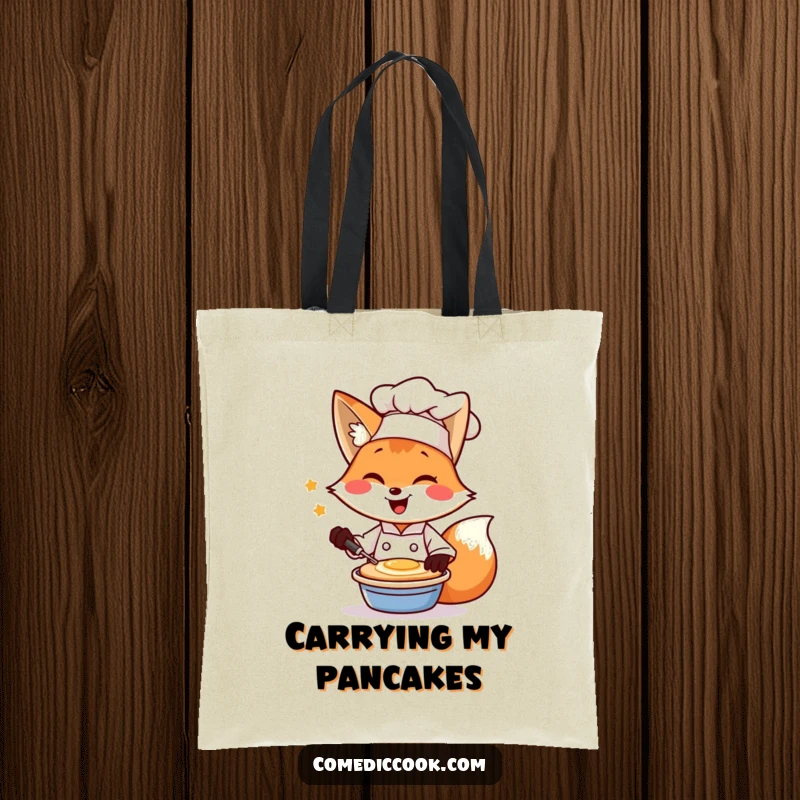 Funny tote bag illustration of a fox chef winking and flipping a pancake, perfect for foodies.