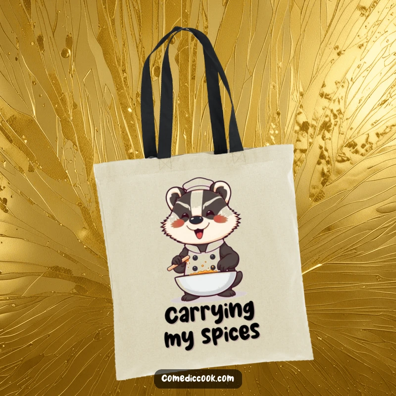 Funny badger chef tote bag, a dramatic character seasoning a dish with a flourish, great for shopping and carrying items with a bold theme.