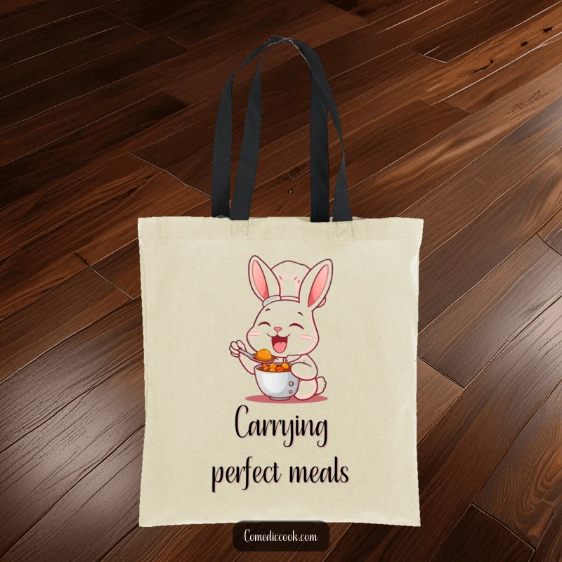 Funny Tote Bag: A joyful rabbit chef tasting stew, ready to carry your groceries or ingredients.