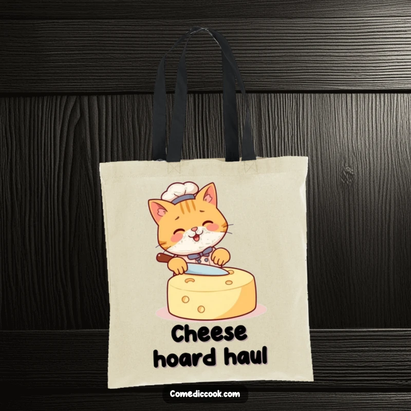Funny Cat Chef Tote Bag showing a happy cat diligently slicing a giant wheel of cheese, great for carrying groceries or cat treats, a funny gift.