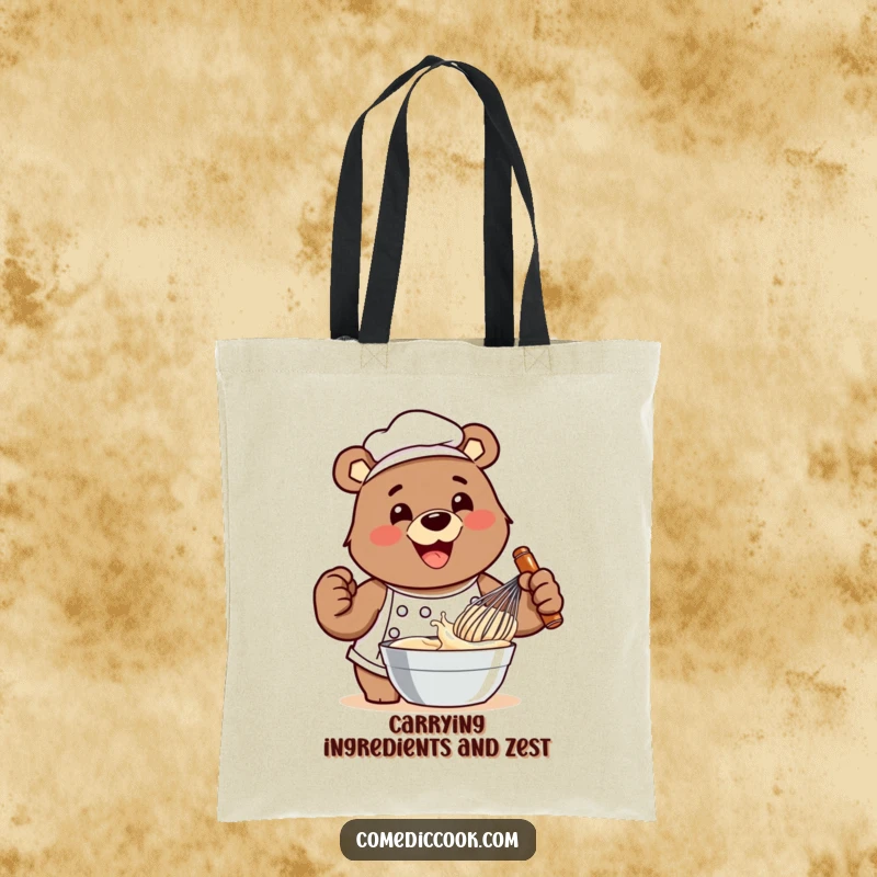 Funny bear chef tote bag showing him enthusiastically whisking batter, perfect for carrying kitchen essentials with a touch of humor.