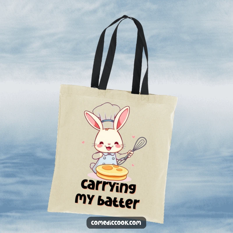 Funny bunny chef with a toque, flipping a pancake mid-air with a whisk, printed on a durable tote bag for everyday use.