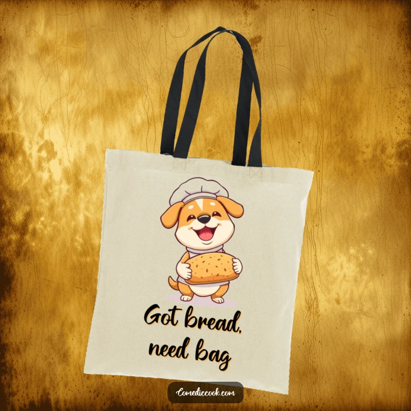 Funny Dog Chef Tote Bag: A joyful dog chef proudly presents bread, making grocery trips a hilarious delight.