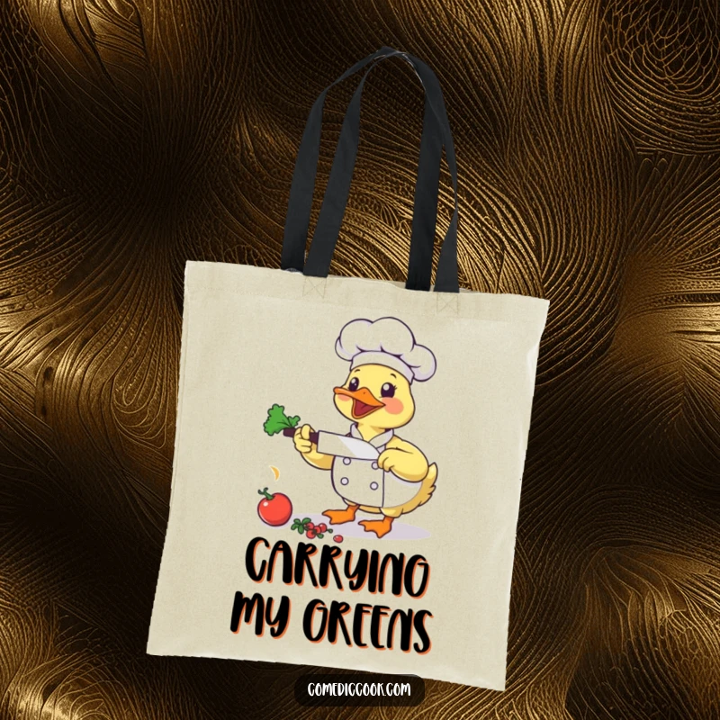 Funny Duck Chef Tote Bag: A bouncing duck chef chops vegetables, making grocery trips hilariously energetic.