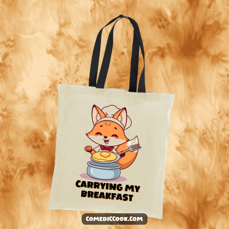 Funny Fox Chef Tote Bag: Cheerful fox expertly flipping a pancake, a humorous and practical grocery or everyday bag.