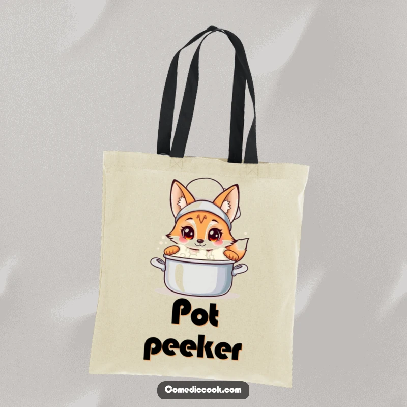 Funny fox chef tote bag with a curious fox peeking into a bubbling pot, ideal for shoppers who appreciate humor and culinary secrets.