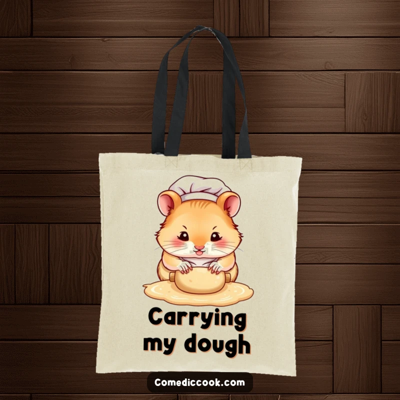 Funny hamster chef tote bag, a focused character rolling dough with tiny paws, great for shopping and carrying baking supplies with a cute theme.