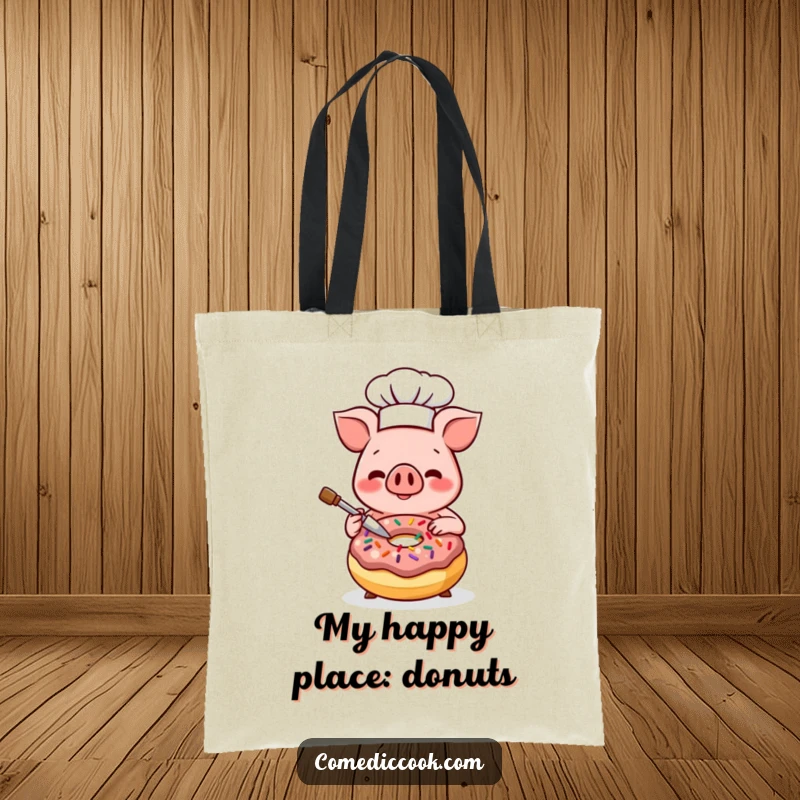 Funny Kawaii pig chef tote bag, showing a smiling pig decorating a donut with sprinkles. Cute baker accessory and a delightful funny gift.