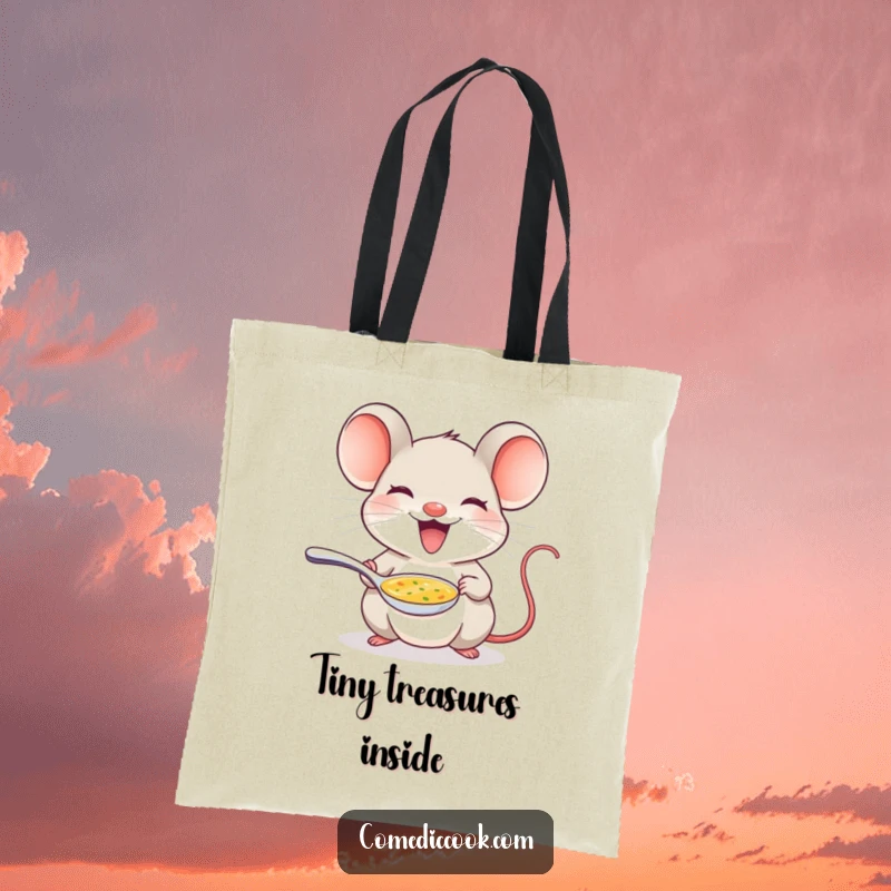 Funny mouse tote bag showcasing a delighted mouse offering a tiny spoon of soup, great for market trips.