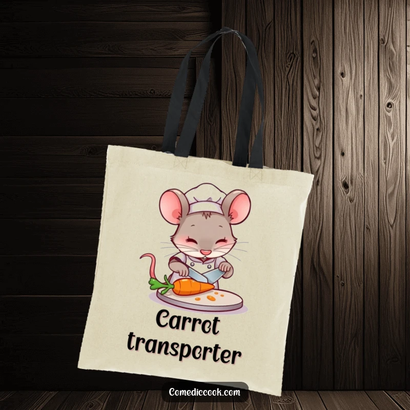 Funny Mouse Chef Tote Bag: A concentrated mouse chef slices vegetables, making grocery runs hilariously precise.