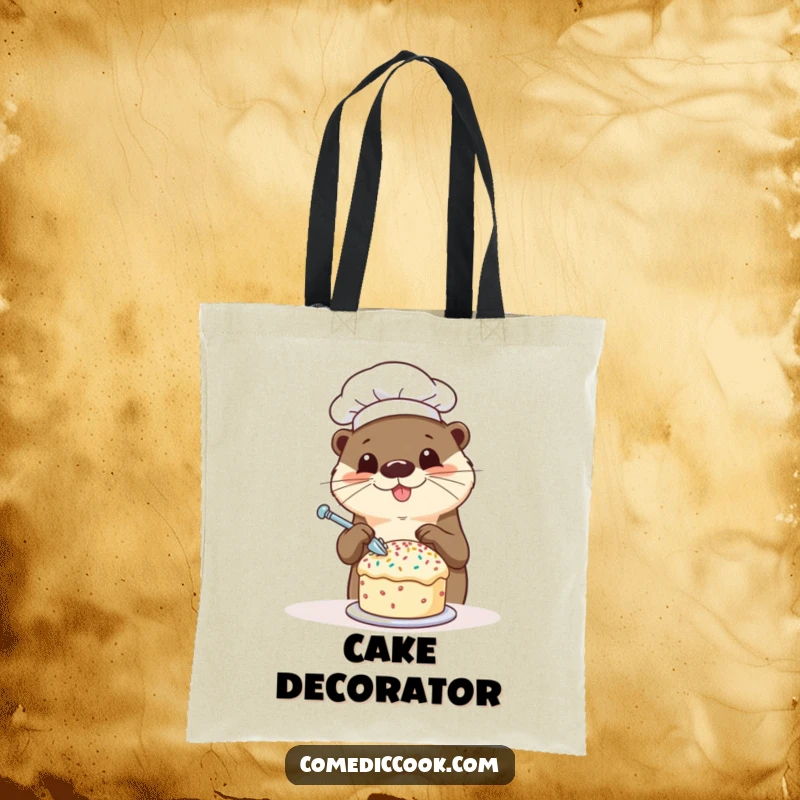 Funny otter chef tote bag with a happy otter decorating a tiny cake with sprinkles, ideal for shoppers who love baking and cute humor.