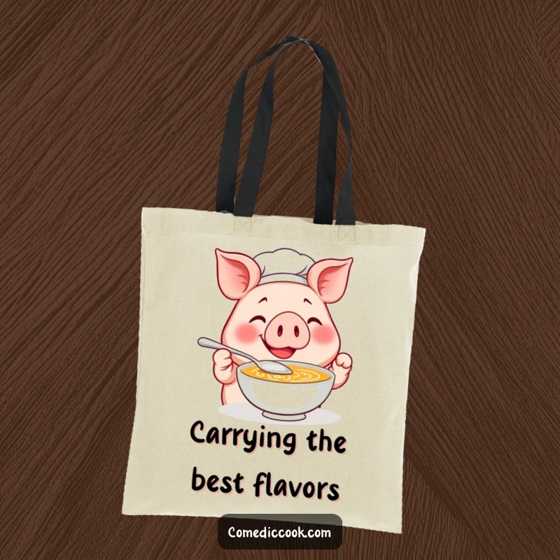 Funny Pig Chef Tote Bag: A smiling pig chef tastes soup with a tiny spoon, making grocery trips hilariously delightful.