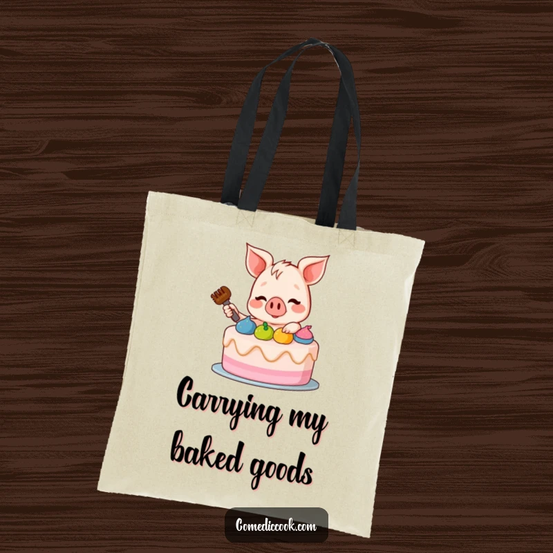 Funny Piglet Tote Bag: A charming tote featuring a piglet decorating a cake, perfect for groceries or baking supplies, a funny and useful accessory.