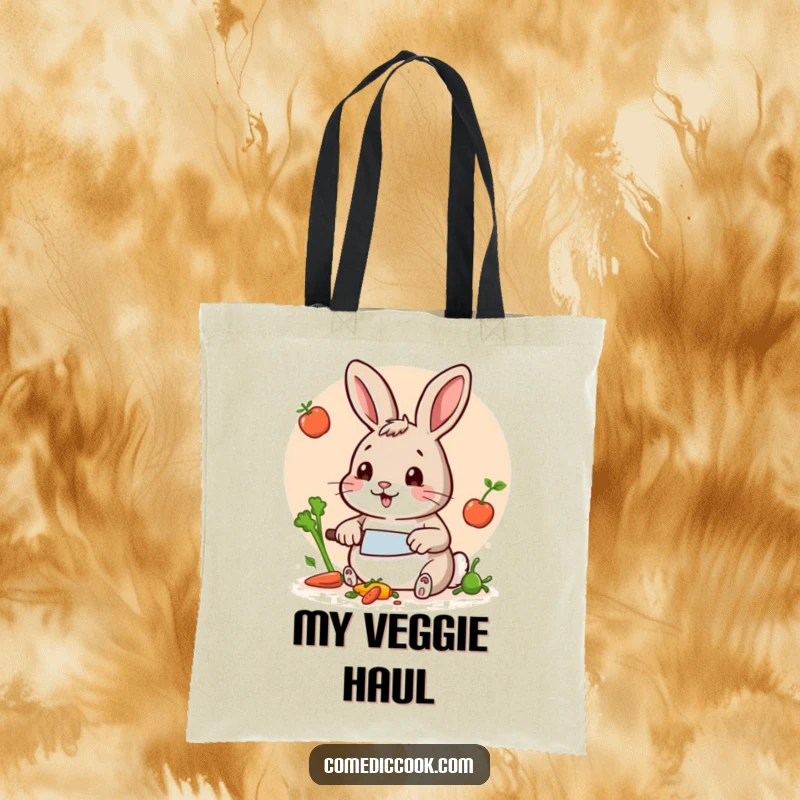Funny Rabbit Chef Tote Bag: A durable and funny tote bag featuring a rabbit chef chopping vegetables, perfect for market trips or carrying kitchen tools.
