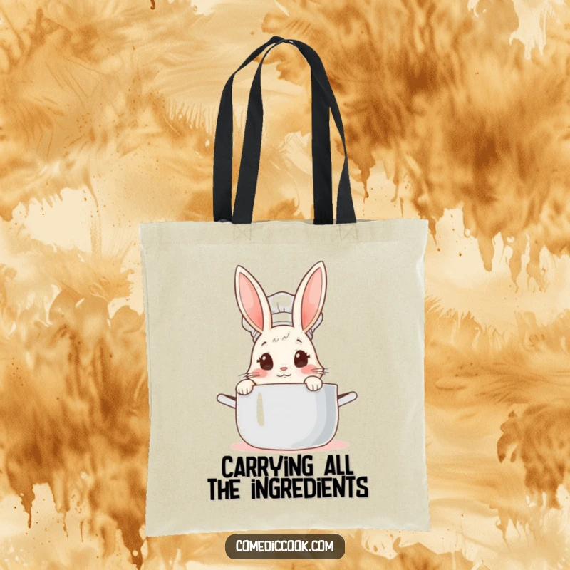 Funny Rabbit Chef Tote Bag: Cute bunny chef peeking into a steaming pot, a humorous and practical accessory for shoppers.